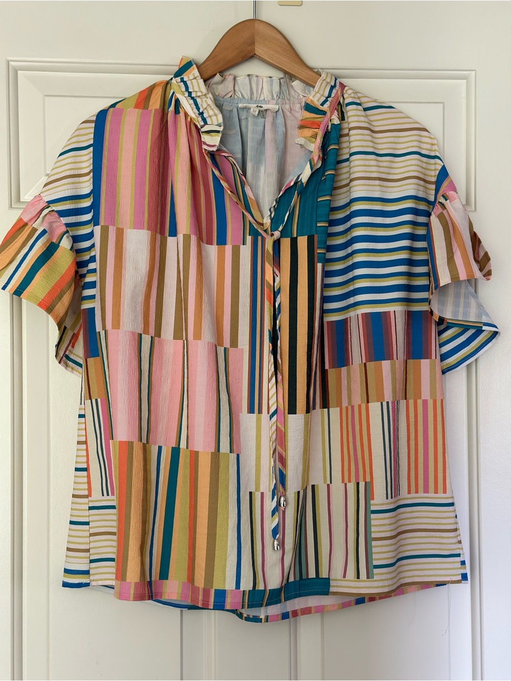 entro Multicolor Striped Patchwork Blouse in Pink, Blue, Green, Yellow